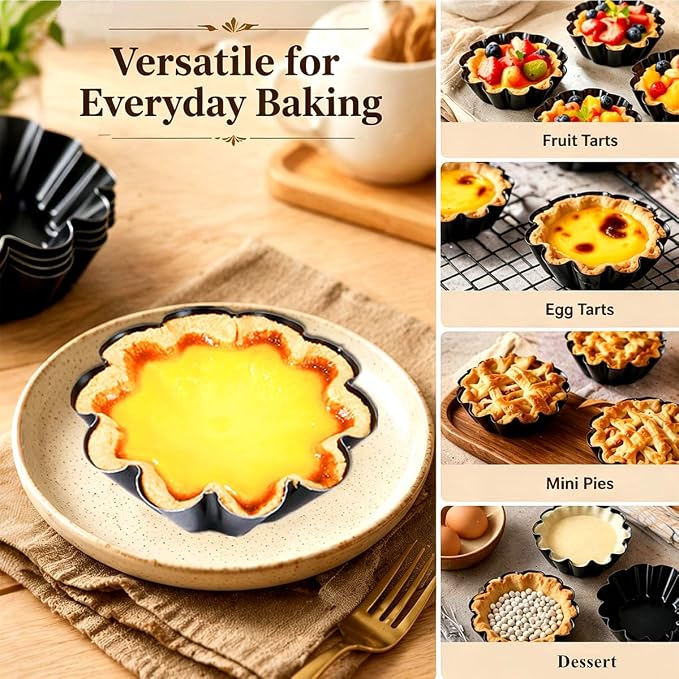 6-Pack 3.74 Inch Nonstick Mini Tart Pans Fluted Side for Pies Pan Round Deep Quiche Mold Heavy Duty Carbon Steel Baking Cupcake Egg Tarts Mousse Cakes Fruit and Desserts Molds for Oven