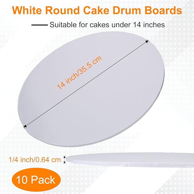 14 inch Round Cake Drum Boards, Dulinkas 1/4 Inch Thick White Corrugated Cardboard Cake Base Grease-Resistant Cake Boards for Multi-Layer Cakes, Weddings & Parties 10 Pack