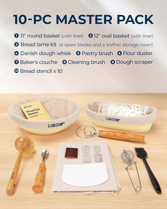 Lorzon Banneton Bread Proofing Baskets Set of 2, 11" Round & 12" Oval Sourdough Proofing Baskets with Sourdough Bread Baking Supplies, Complete Bread Making Kit (Plastic)