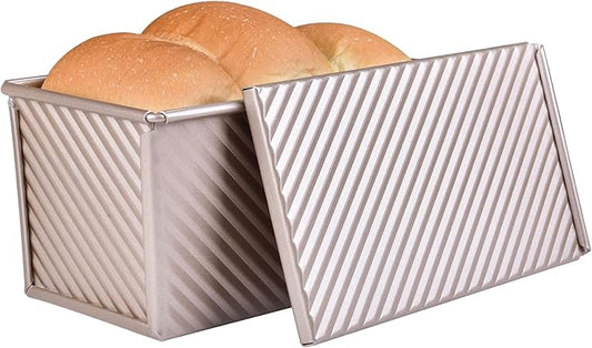 Pullman Loaf Pan with Lid, 1Lb Non-Stick Rectangle Corrugated Toast Box for Oven Baking, Dough Capacity 8.3" x 4.8" x 4.3"(Champagne Gold)