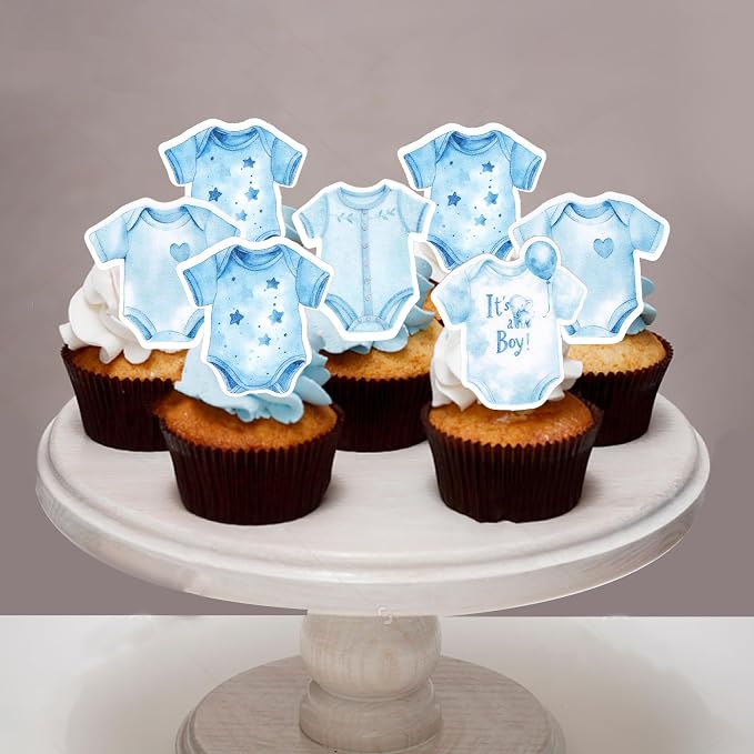 60 PCS Edible Blue Bodysuit Cupcake Toppers Jumsuits Gingham Theme Cupcake Picks Edible It's a Boy Baby Shower Decorations for Boys Birthday Baby Shower Gender Reveal Party Cake Decorations Supplies