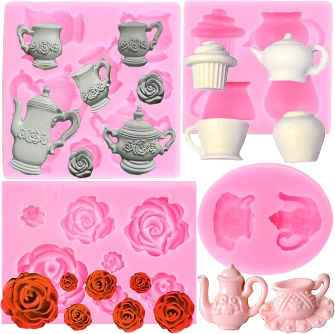 Mujiang Teapot Silicone Mold Tea Cup Fondant Mold Ice Cream Candy Molds Rose Flower Chocolate Mold For Tea Party Cake Decorating Cupcake Topper Polymer Clay Gum Paste Set Of 4