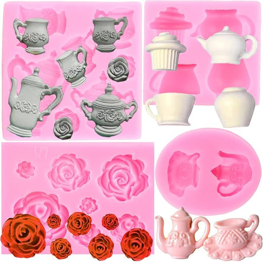 Mujiang Teapot Silicone Mold Tea Cup Fondant Mold Ice Cream Candy Molds Rose Flower Chocolate Mold For Tea Party Cake Decorating Cupcake Topper Polymer Clay Gum Paste Set Of 4