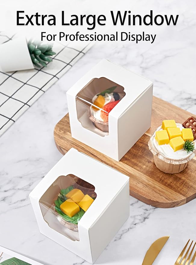 Happyhiram Cupcake Boxes 50 Pcs White Individual Cupcake Box, Single Container Cardboard Holders with Insert and Window for Muffins Cocoa Bombs Packaging Togo Boxes for Birthdays Showers Party Favors