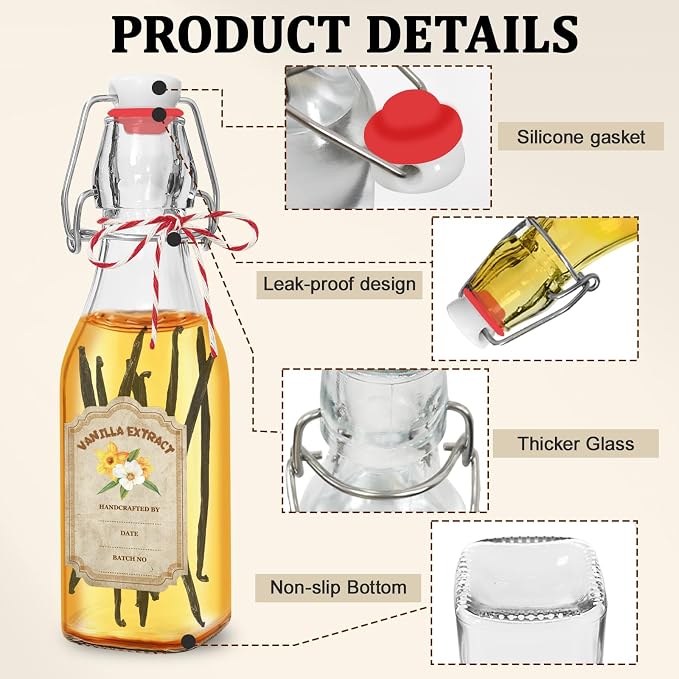 8oz Swing Top Glass Bottles for Vanilla Extract - 10 Pack Airtight Square Clear Jars with Leak-Proof Lids, DIY Kit with Stickers & Funnel