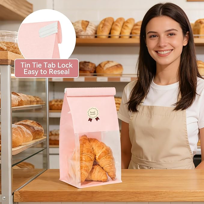 100 Bakery Bags with Window, 5.1x3.9x11 Inches Paper Bread Bags, Tin Tie Tab Lock Cookie Bags Food Storage Bag for Snacks, Popcorn, Candies, 120 pcs Stickers Included (100, Medium)