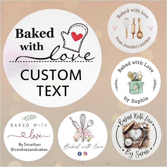 400 Pack Custom Baked with Love Label Stickers|Personalize Business Logo Labels|1.5/2inch Round Personalized Labels in Various Designs for Crafts,Baking,Gifts and Small Business