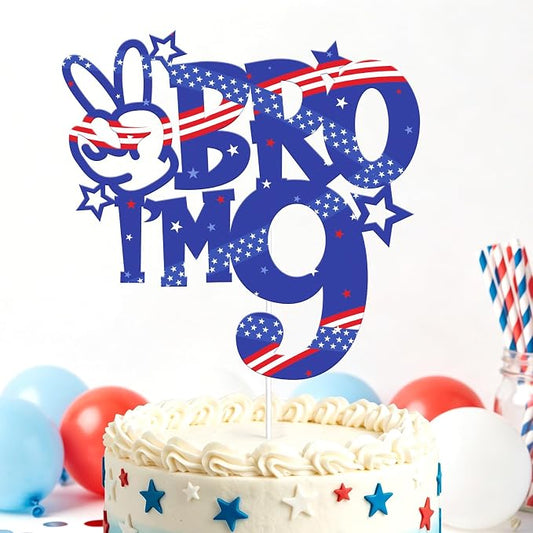 Bro I'm 9 Birthday Cake Toppers, Patriotic Cake Decorations for Boy Birthday Anniversary Party Decor Supplies