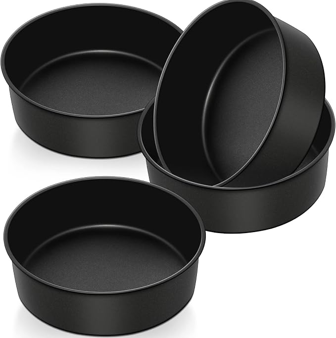 P&P CHEF 8 Inch Cake Pan, Nonstick Round Baking Layer Cake Pans Tins Set for Birthday Wedding, 2.94-Inch Deep Side & One-piece Design, Stainless Steel Core & Easy Clean, Black 4Pcs