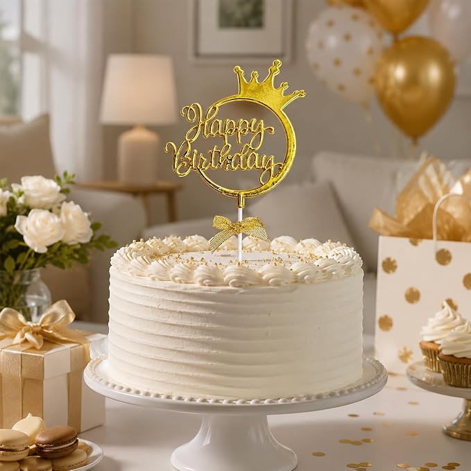 Ecanna Gold Acrylic Happy Birthday Cake Topper with Crown and Bow | Glossy gold acrylic script with crown and bow adds an elegant finishing touch to birthday cakes and celebration desserts.