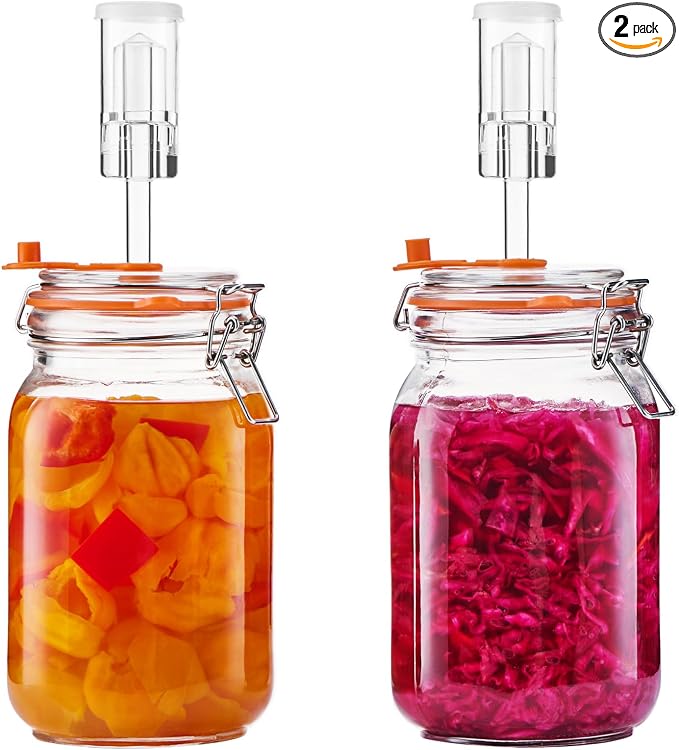Fermentation Jar, 1.5L Glass Fermenting Kit with Airlocks, 2-Pack | Wide-Mouth Glass Jars With Self-Burping Airlocks for Sauerkraut, Kimchi, Pickles, Mead, Cider and Other Homemade Ferments