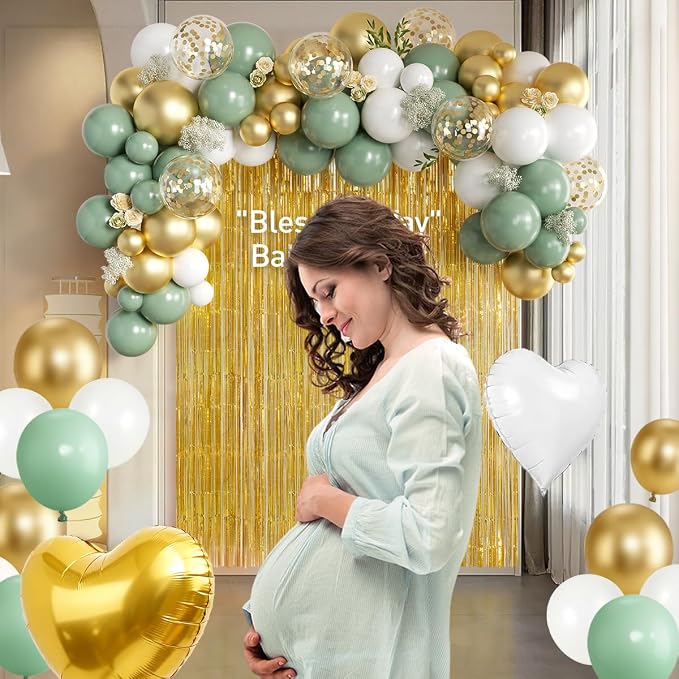 157PCS Sage Green White Gold Balloons Garland Arch Kit with Gold Fringe Curtain for Birthday Baby Shower Gender Reveal Bridal Shower Weddings Graduation Party Decorations