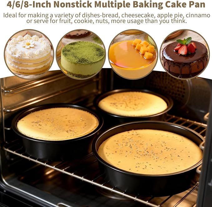 3-Piece Round Cake Pans Set (4", 6", 8"), Heavy-Duty Carbon Steel Baking Pan Set for Layer Cakes and Deep Dish Pizzas, Non-Stick Professional Tiered Cake Molds, Straight Side & Dishwasher Safe, Grey