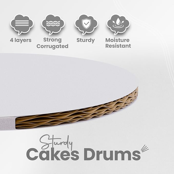12-Pack Cake Drums 12 inch Reversible, Sturdy 1/2" Thick, Greaseproof, White | Free Prop Up Tool + Matching Ribbon | Professional Round Cake Boards for Tiered, Wedding, Birthday Cakes