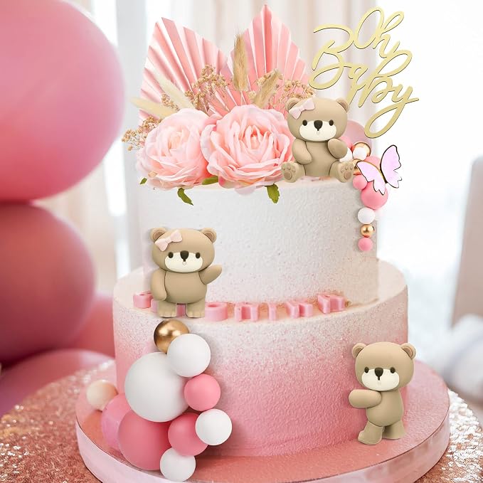 Yinder Bear Cake Toppers Mini Bear Cake Decorations Cake Toppers Gold White Pearl Ball for Birthday Party Decorations(Pink, Brown,Boho Style)