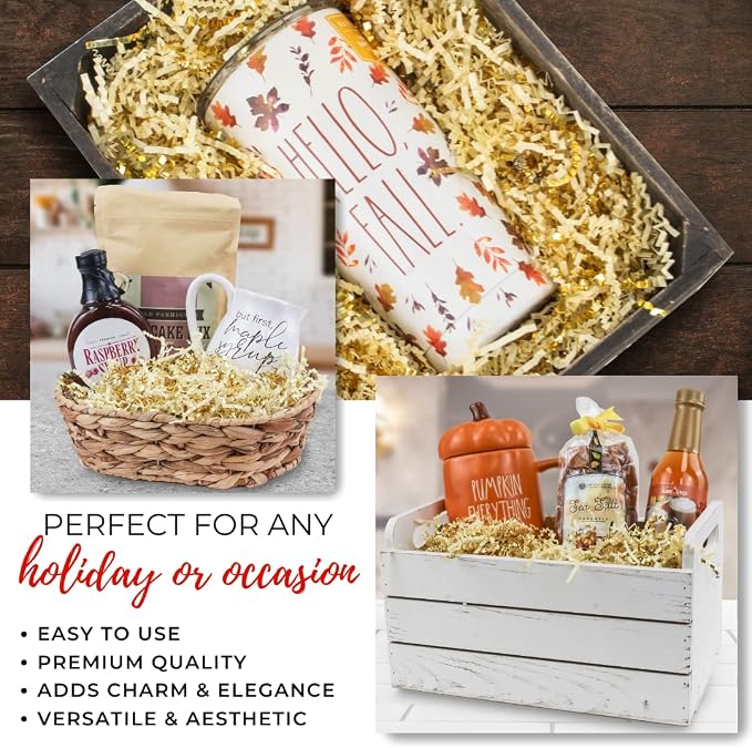 MagicWater Crinkle Cut Paper for Gift Baskets - 2LB - Vanilla & Gold - Perfect for Shredded Paper Filler, Basket Filler, Gift Boxes, Bridesmaid Gifts, Christmas Stuffers & More – For All Occasions