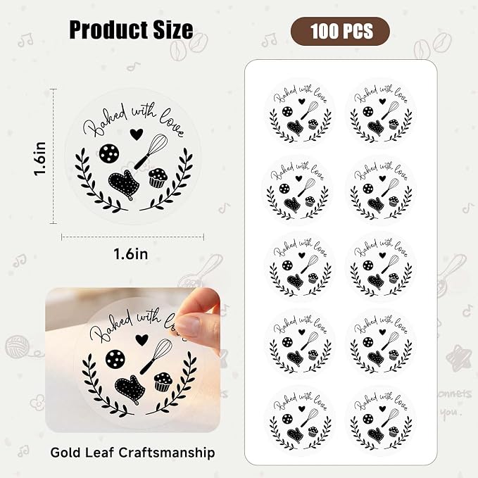 100 Pack Baked with Love Stickers, Clear Black Foil Bakery Labels for Homemade Baked Goods, Baking Stickers for Cookies, Bread, Cupcakes, Sourdough & Small Business Packaging, 1.6''