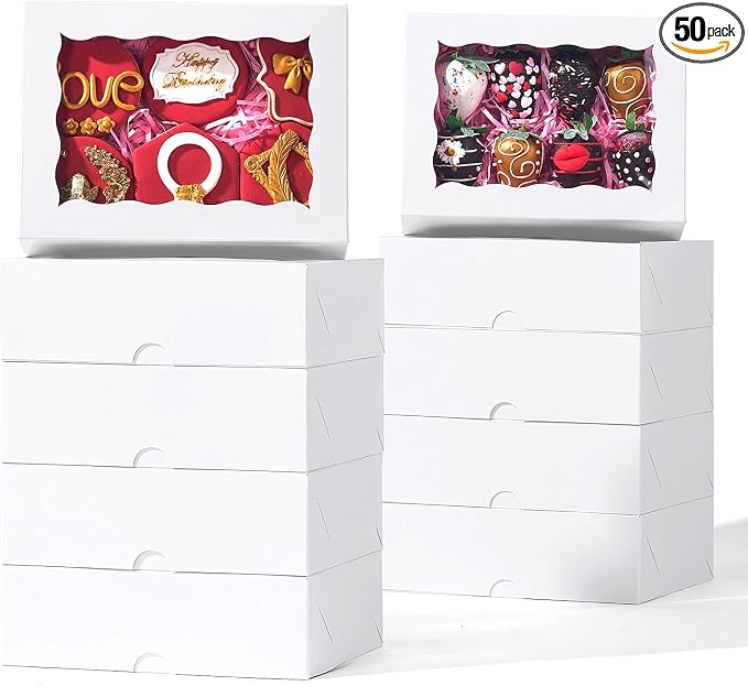50 Pack 8x6x2.5 Inch White Bakery Boxes with Window, Pastry Box for Chocolate Strawberries, Macarons, Truffles, Ideal for Valentine's Day, Mother's Day, Christmas Party Favors & Holiday