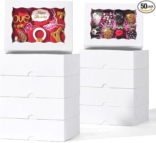 50 Pack 8x6x2.5 Inch White Bakery Boxes with Window, Pastry Box for Chocolate Strawberries, Macarons, Truffles, Ideal for Valentine's Day, Mother's Day, Christmas Party Favors & Holiday