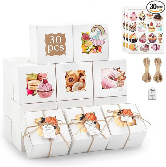 OAMCEG 30pcs Cookie Boxes with Window, 4x4x2.5 Inch Bakery Treat Boxes with Cake-Themed Stickers for Mini Cake, Pastry, Dessert, Chocolate, Strawberries, Party Favors (White)