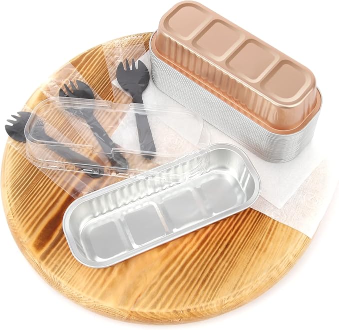 Disposable Mini Cake Pans with Lids 50 Pack,LNYZQUS 6.8oz Rectangle Baking Cups Muffin Tins, Aluminum Foil Baking Tins Mini Loaf Baking Pans Holders-Champagne