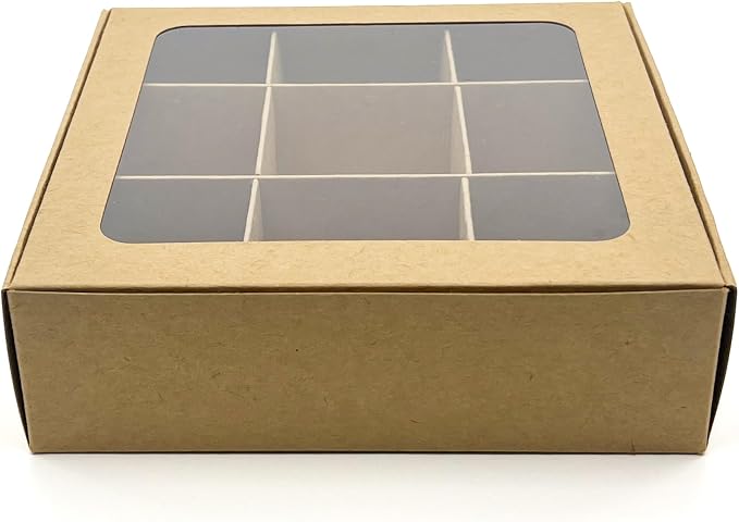 20pcs Kraft Treat Boxes with Window and Dividers | 9 SMALL compartments | 6.5 x 6.5x 1.9 in | Chocolate-covered strawberries supplies, macaron boxes, baked goods packaging