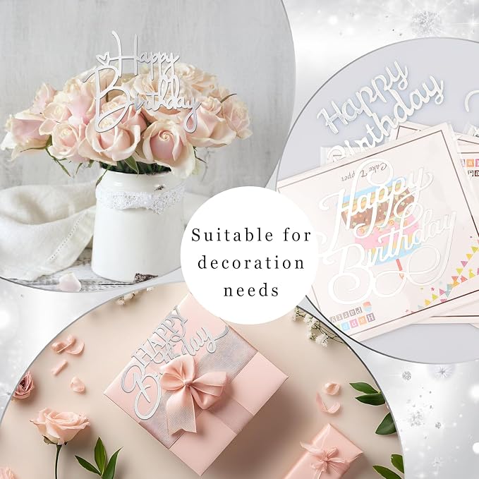 Wootkey 10 PCS Silver Happy Birthday Cake Topper Mirror Acrylic Cupcake Toppers Double-Sided Happy Birthday Sign for Cake Side Cupcake DIY Birthday Gift Flower Bouquet Decor