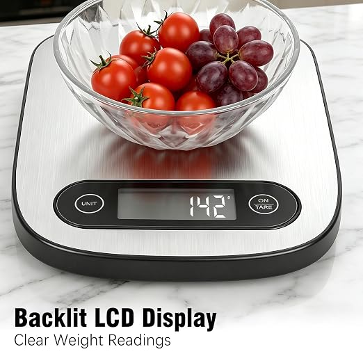 Food Scale, 11lb Kitchen Scale with 6 Units Tare Function & Backlit LCD, Precise 1g Stainless Steel Digital Scale, Hanging Design for Baking, Cooking, Healthy Eating and Meal Prep (Batteries Included)