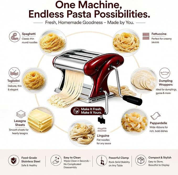 XINGYUEXUAN Manual Pasta Maker Machine, Stainless Steel Hand Crank Noodle Maker with 2mm & 4mm Cutters, Adjustable Dough Roller & Pasta Cutter for Homemade Spaghetti, Fettuccine, Lasagna, Dumpling