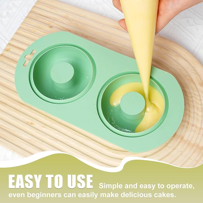 QELEG 2 Pack Silicone Donut Pan, 2-Cavity Fluted Tube Cake Pan Non-stick Silicone Baking Mold for Donuts, Cornbread, Brownies, Bagel, mousse, madeline, Green 2Pcs/2-Cavity, round