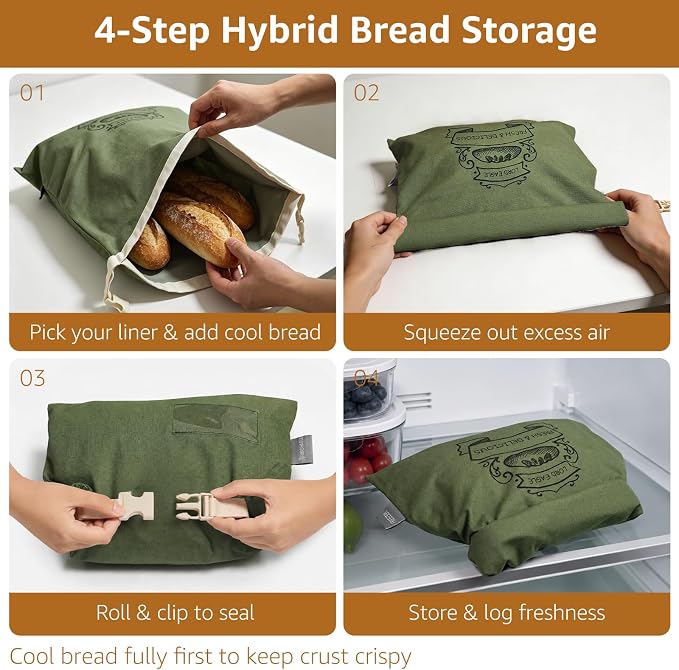 Bread Bags for Homemade Bread & Sourdough - 2 Pack Reusable Beeswax Bread Bags, 100% Cotton with Detachable Liner & TPU Freezer Bag, 17x14in, Freezer Safe & Washable
