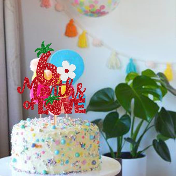 1 Pack Strawberry Happy 6 Months Half Way to One Cake Topper - Red Berry Sweet Half Birthday Cake Decoration