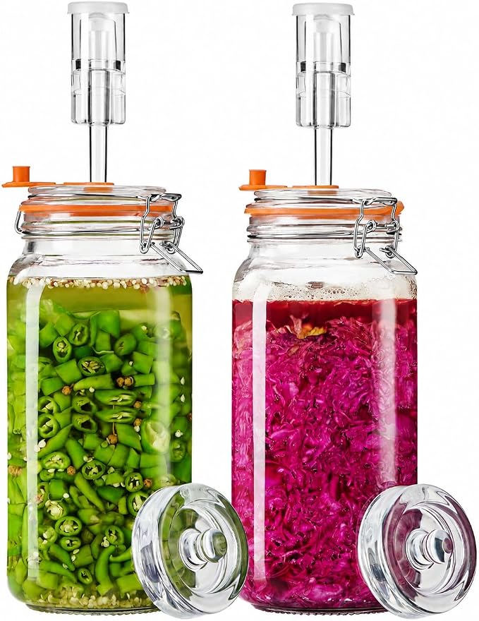 Fermentation Jars, 2L Fermenting Kit With Glass Weights, 2-Pack | Wide-Mouth 2L Glass Jar With Self-Venting Airlock, Ideal For Sauerkraut, Kimchi, Pickles And Other Homemade Ferments