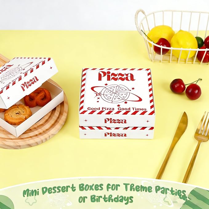 50 Pack Square Mini Pizza Boxes, 3.54 x 3.54 x 0.79 Inches | Planet Pattern Cardboard Food Containers, Space Themed Gift Box, Disposable Party Favor Box for Birthday Holiday