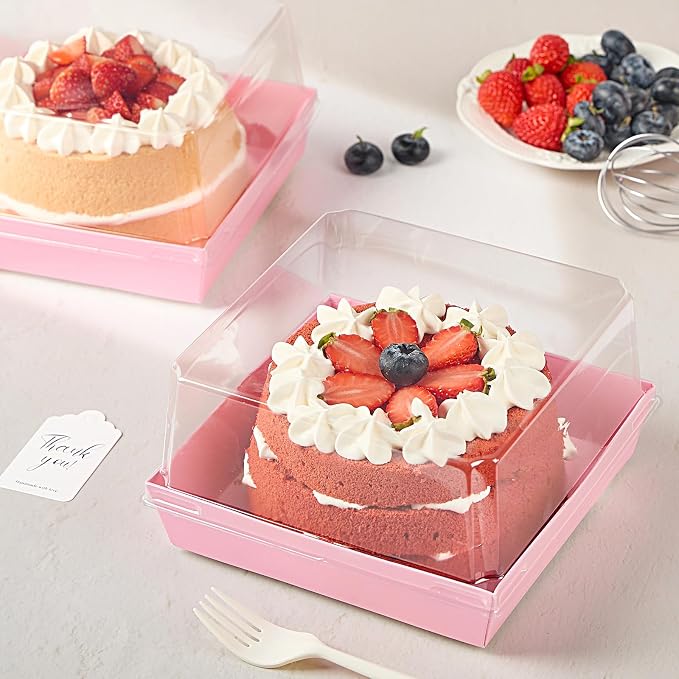 ZORRITA Paper Cake Boxes with Clear Lids, 7" x 7" x 4", 40 Pack, Pink | Disposable, Square Food Containers, For 4-6 Inch Cake, Dessert, Pie, Cupcake, Bakery, Charcuterie