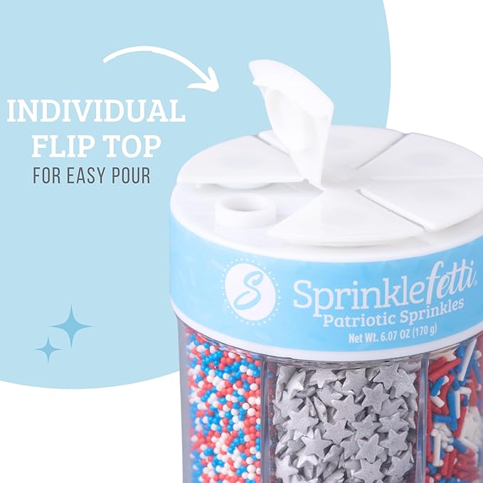 Sweets Indeed 4th of July Sprinkles 6 Cell Jar – Patriotic Nonpareils, Star Sprinkles, Jimmies and Sanding Sugar for Baking & Decorating Cupcakes, Cookies, Cakes & Desserts – 6.07 ounces