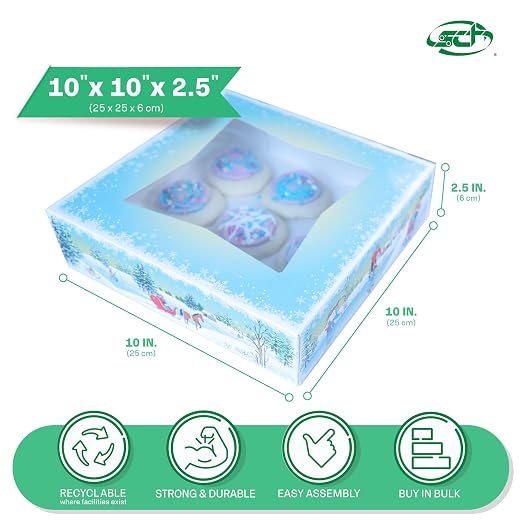 SCT Winter Wonderland Pie Boxes with Window (150 Quantity), 10x10x2.5, Christmas Cookie, Gingerbread, Holiday Bakery Treat, and Dessert Boxes for Pies & Cookies, 2497