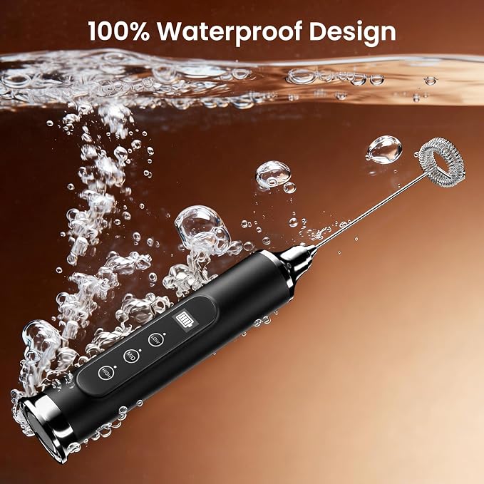 YUSWKO Milk Frother Wand for Coffee with Stand, Coffee Frother Handheld | Rechargeable Drink Mixer Wand, Waterproof Electric Whisk for Protein Powder, Lattes, 3 Variable Speeds 3 Whisks, Black