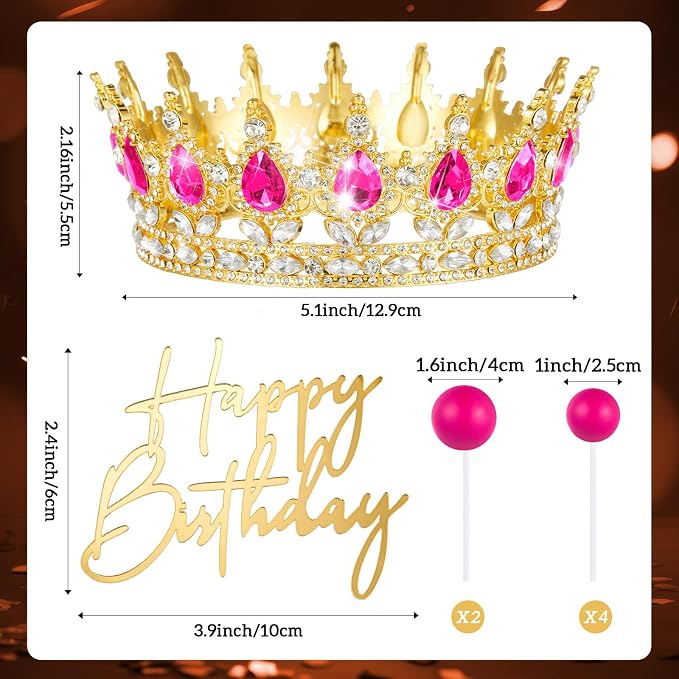 8 Pcs Rose Red and Gold Queen Crown Cake Topper for Women, Happy Birthday Cake Toppers Foam Balls Rhinestone Crystal Tiara Wedding Decoration for Princess Party Photo Props