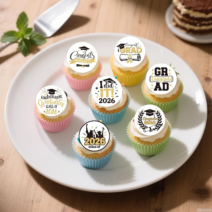63 PCS Edible 2026 Graduation Theme Cupcake Toppers Diploma Class of 2026 Cake Decorations Edible Congrats 2026 Grad Cap Cupcake Picks for Congratulations 2026 Graduation Theme Party Supplies Gold