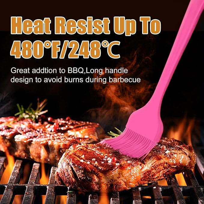 Silicone Basting Brush 2 Pcs Pastry Brush for Oil, BBQ, Grill, Sauce Baking Cooking, Dishwasher Safe (Pink)