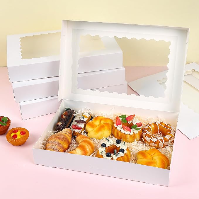 TOMNK 25pcs Cookie Boxes with Window, 16x11x2.5in Large Auto-Popup Bakery Boxes for Treats, Desserts, Chocolate Covered Strawberries, Pies, Muffins, Donuts