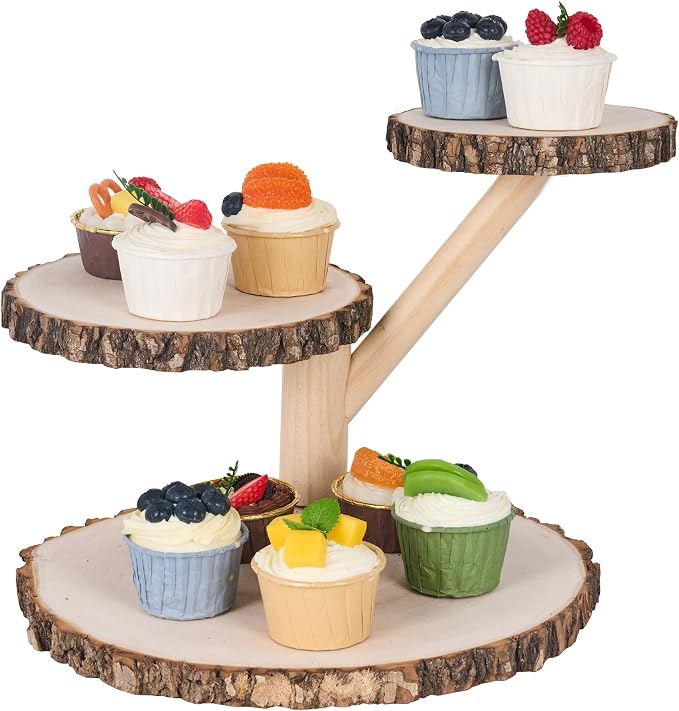 GENMOUS Wooden Farmhouse Style Cake Stand - Multifunctional 3-Tired Wedding Cake Stand Wood & Display Serving Tray Platter, for Appetizers Desserts Charcuterie Board