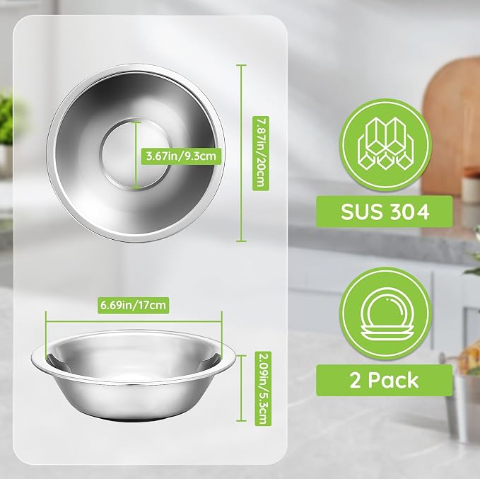 304(18/8) Stainless Steel Mixing Bowls for Kitchen, 2 Pack 7.8" 28.89 fl.oz Metal Mixing Bowls Set Stackable for Baking Serving Cooking Food Prep Storage Dishwasher Safe Lightweight
