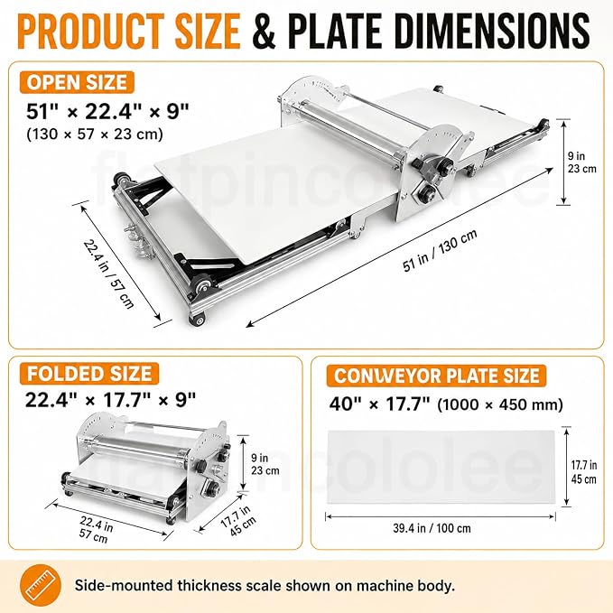 40" Commercial & Home Electric Dough Sheeter, Foldable Dough Roller Machine, Food-Grade Stainless Steel, Adjustable Thickness for Croissants, Puff Pastry, Pasta Sheets, Tortillas, Roti