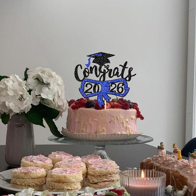 1 Pack Congrats 2026 Cake Topper Glitter Diploma Graduation Cap Cake Pick Contrats Class of 2026 Cake Decorations for 2026 Graduation Theme High School Boys Girls Graduate Party Blue