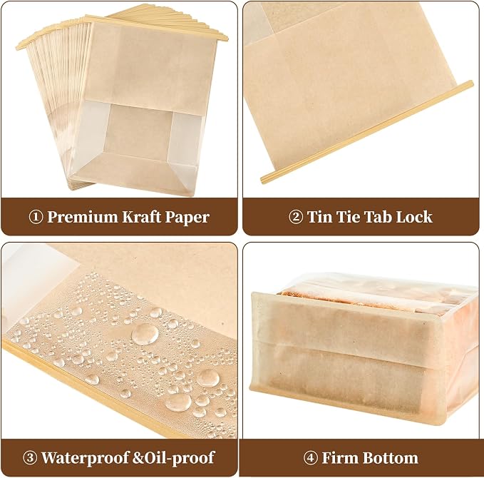 Ohuimrt Paper Bread Bags for Homemade Breads, 100 PCS, 11" x 8.7" x 4.3" | Tin Tie Tab Lock, Window, Kraft Bakery Bag, For Sourdough Bread Baked Food