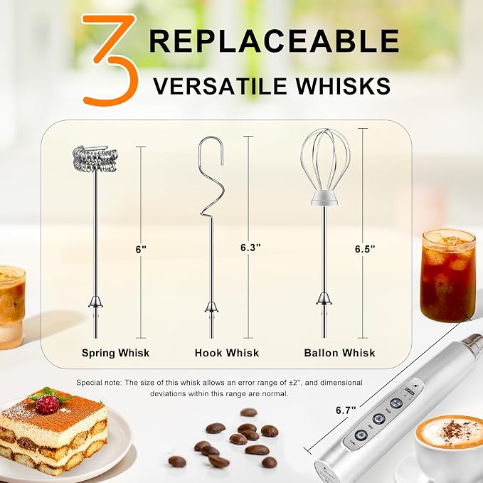 YUSWKO Rechargeable Milk Frother Handheld with 3 Heads, Silver Coffee Electric Whisk Drink Foam Mixer, Mini Hand Stirrer with 3 Speeds Adjustable for Latte, Cappuccino, Hot Chocolate, Egg