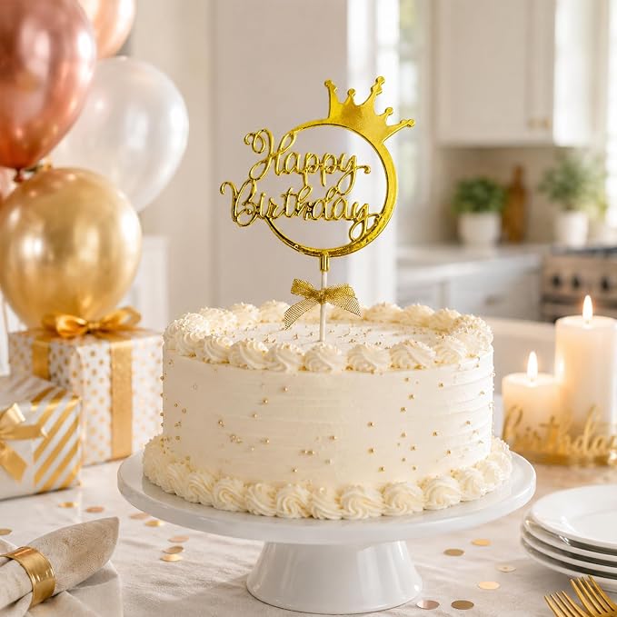 Ecanna Gold Acrylic Happy Birthday Cake Topper with Crown and Bow | Glossy gold acrylic script with crown and bow adds an elegant finishing touch to birthday cakes and celebration desserts.