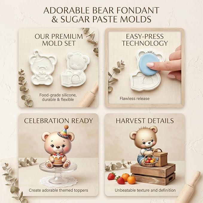 2Pcs 3D Cute Teddy Bear Silicone Fondant Molds, Birthday Party Picnic Bear Chocolate Candy Mold for Baking, Cake Decorating, Gum Paste, Cupcake Toppers, DIY Crafts, Easy Demold Pastry Tool